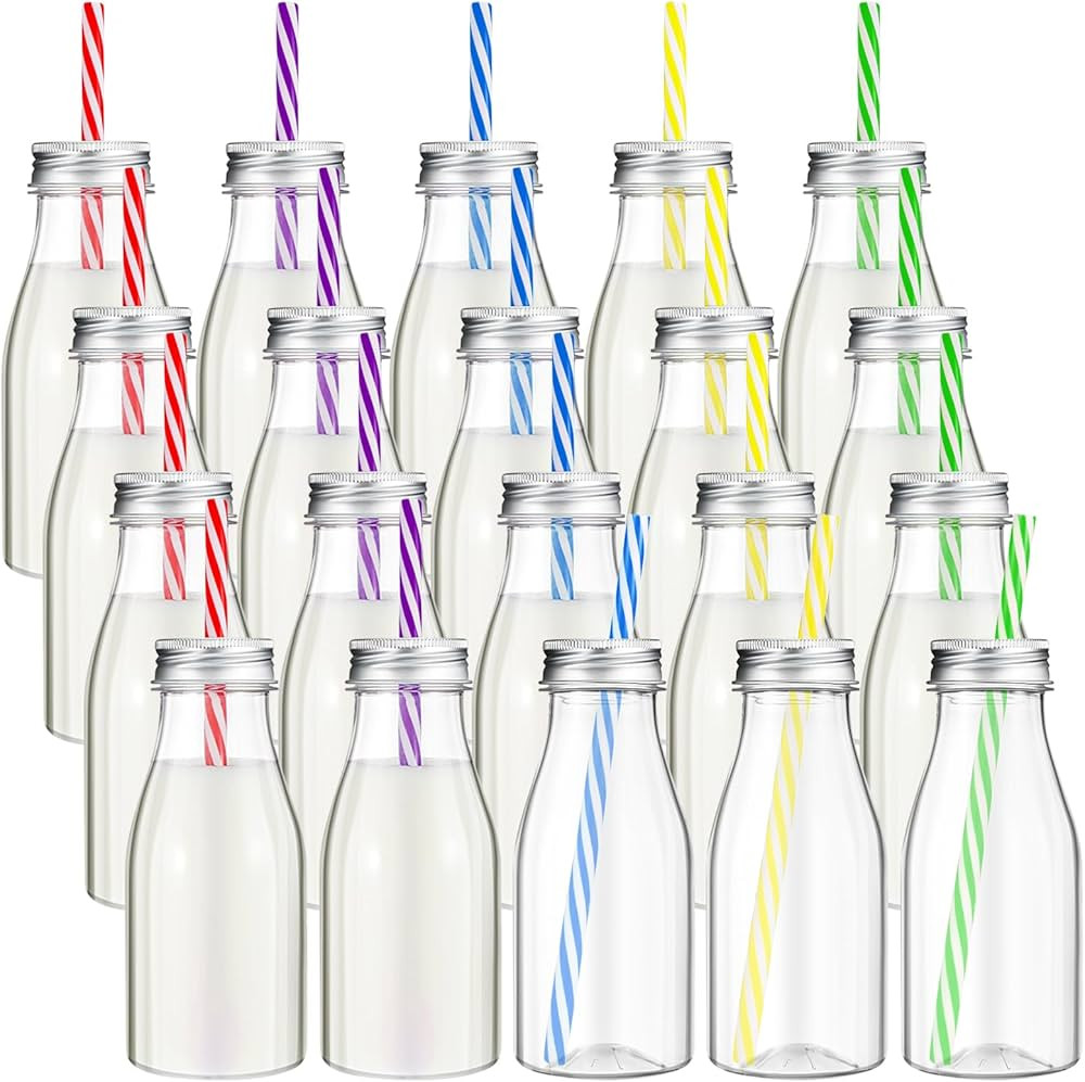 Yinkin 20 Set 8 oz Plastic Milk Bottles with Straws Metal Lids Clear Plastic Containers for Dairy... | Amazon (US)