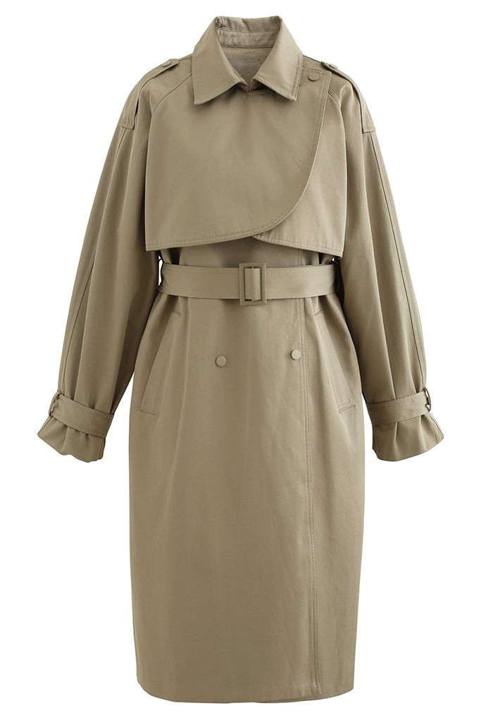 Stud Button Storm Flap Trench Coat in Khaki | Chicwish