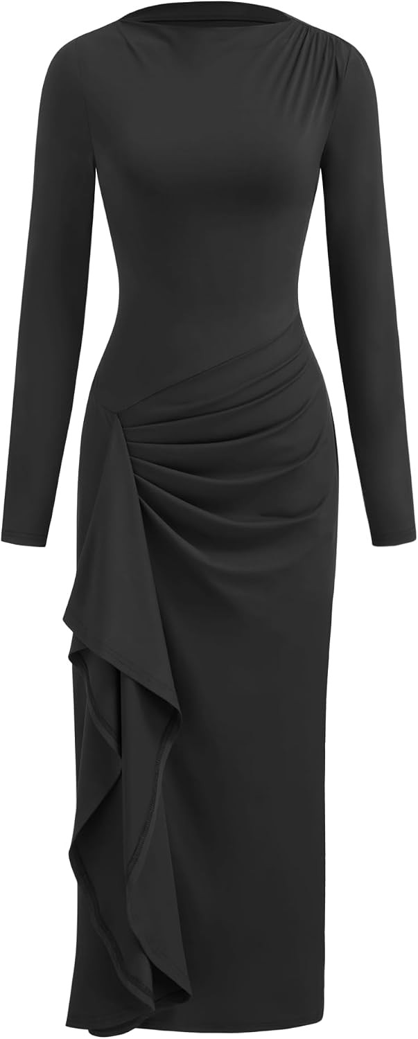 CIDER Women's Maxi Dress Long Sleeve Ruched Bodycon Solid Ruffle Hem Split Cocktail Wedding Guest Dress | Amazon (US)