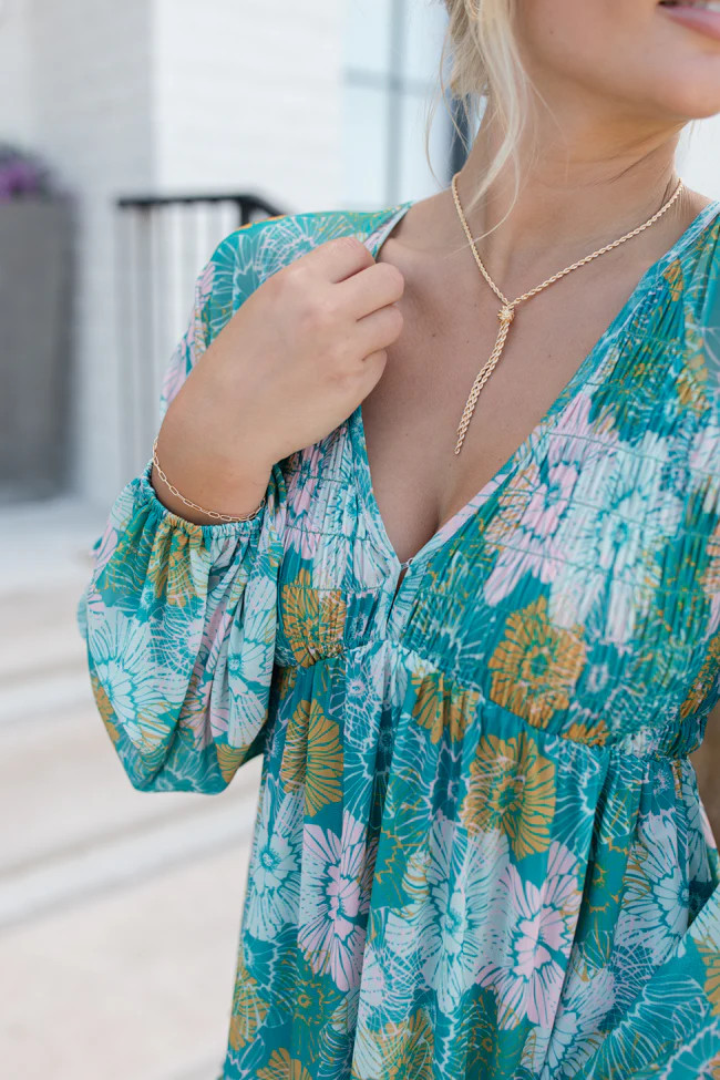 Here We Are Teal Multi Printed Babydoll Dress | Pink Lily