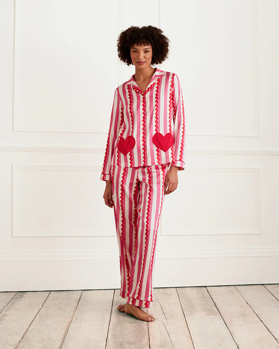 Satin Heart Pocket Striped Long Pyjama Set | Chelsea Peers NYC