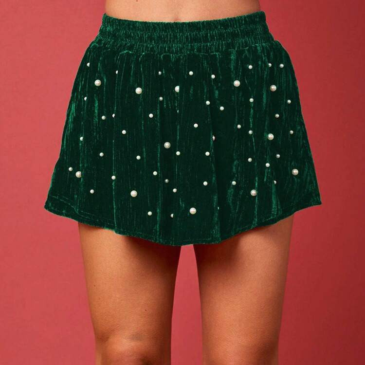 Womens Velvet Pearl Studded Short Skirt Elastic High Waist Flowy Beaded Shorts Y2K Ruffle Pleated Short Skater Skirt Cute Holiday Party Skirt | SHEIN