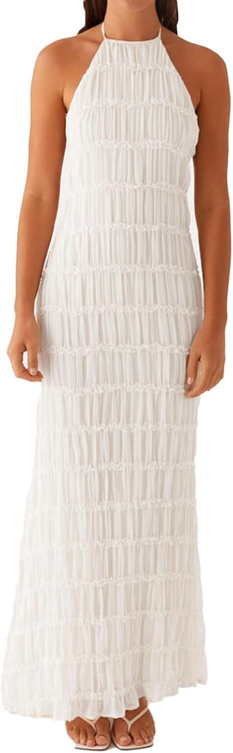 ABYOVRT Women Backless Dress Sleeveless Textured Halter Open Back Maxi Dresses Vacation Wedding Guest | Amazon (US)