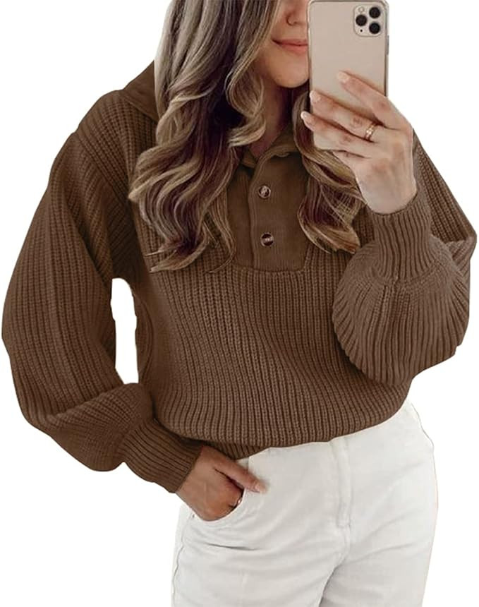 BTFBM Women Casual Button Up Turtleneck Sweaters Long Sleeve Knitted Solid Color Soft Loose Fall ... | Amazon (US)