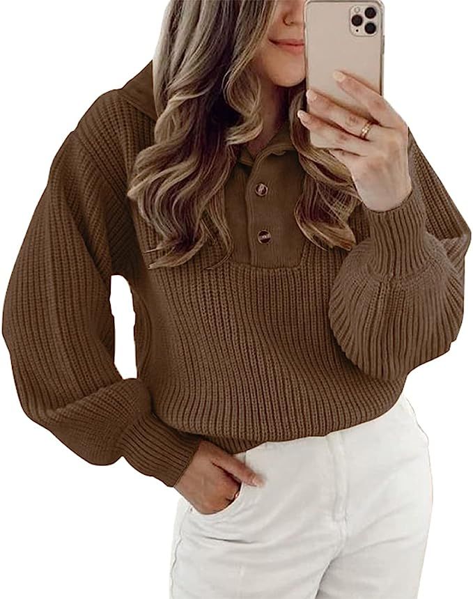 BTFBM Women Casual Button Up Turtleneck Sweaters Long Sleeve Knitted Solid Color Soft Loose Fall ... | Amazon (US)