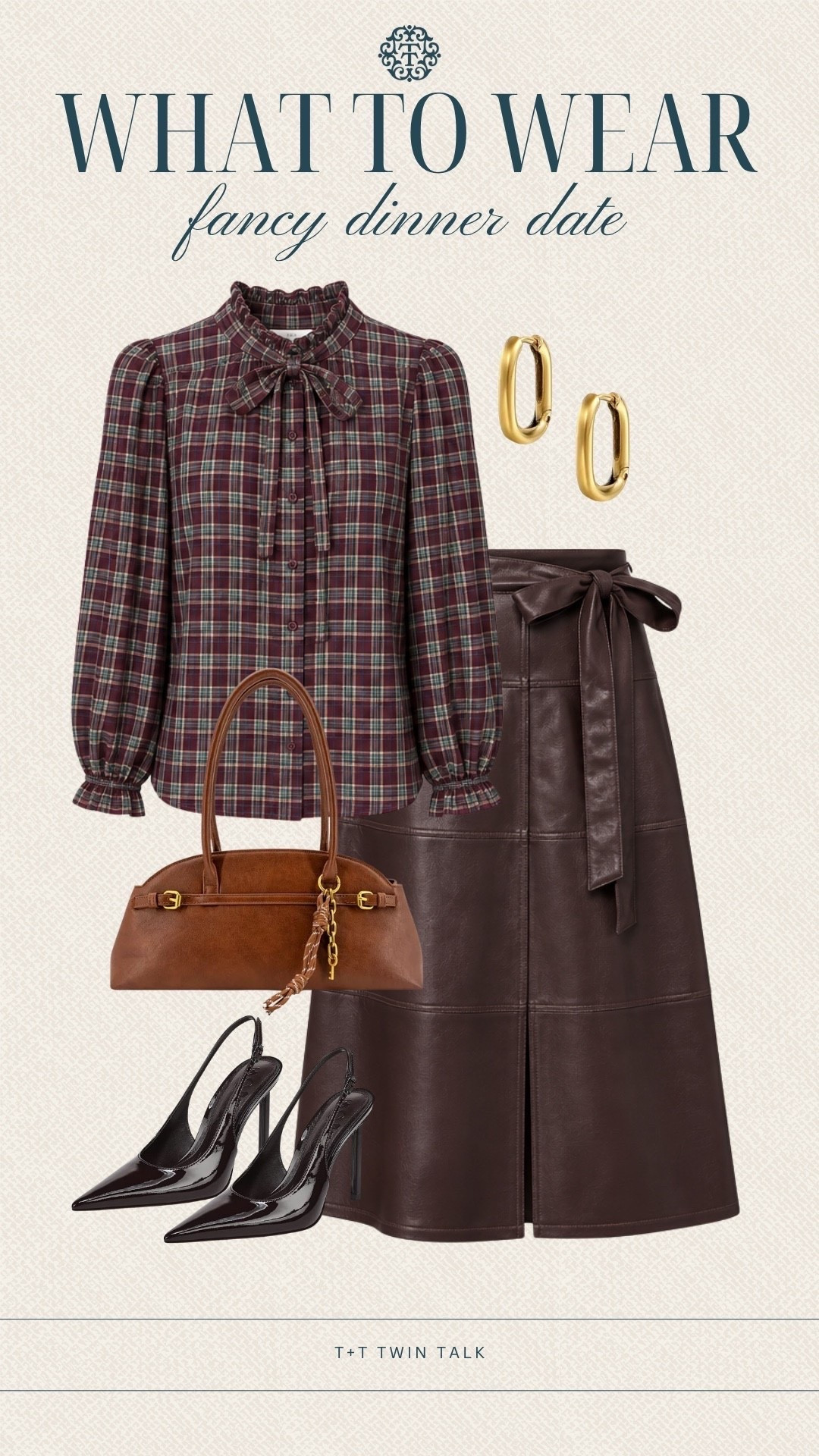 Fancy dinner date, but make it fall! 🍷 This plaid bow blouse paired with a chocolate brown faux leather midi skirt is such a chic combination for a night out. Add sleek slingback heels, a structured handbag, and simple gold earrings for a polished fall date night outfit that feels feminine and elevated! s