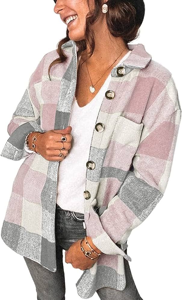 Women's Brushed Plaid Shirts Long Sleeve Flannel Lapel Button Down Cardigan Boyfriend Shacket Jac... | Amazon (US)