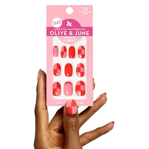 Olive & June Classic Super Stick Mani Press On Nails | No Glue Needed | 32 Tab Nails 16 Sizes | Non-Toxic Tabs Easy On-Off Non-Damaging Realist Look | 7-Day Wear | Short, Round |Pink Checker Party | Amazon (US)
