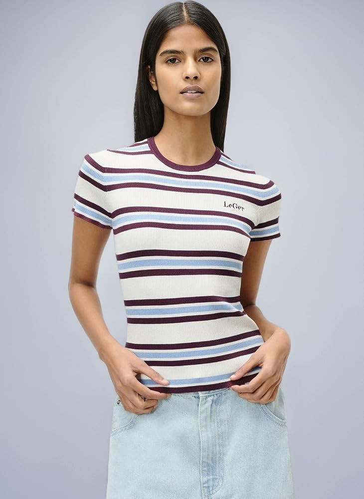 LeGer Danielle T-Shirt - Kurzarm Tshirt Damen mit Streifen - k\u00f6rpernahe Passform - Oberteil ... | Amazon (DE)