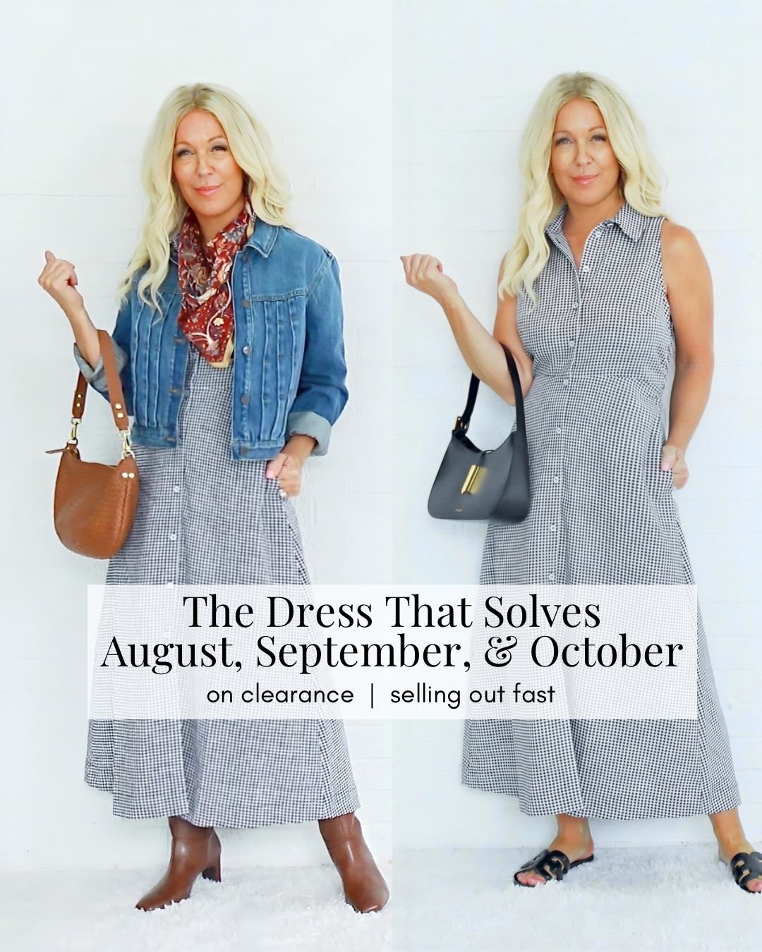 The Dress That Solves August, September & October 🤍

This is exactly the kind of purchase I make this time of year.

Retailers are clearing out summer inventory to make room for sweaters, boots, and coats. That means the best dresses are disappearing fast—even though we still have weeks (and in many places, months) left to wear them.

This gingham dress is one of those rare pieces that works across three seasons.

🤍 August → sandals + a shoulder bag
🍂 September → cardigan + ballet flats
🤎 October → denim jacket + ankle boots + a scarf

One dress.
Three months.
Endless outfits.

The best part? It's on clearance.

If you've been waiting for a sign to grab a versatile dress you'll wear over and over, this is it. Once seasonal clearance inventory is gone, it's gone.

#LTKSeasonal #LTKOver40 #LTKPetite
