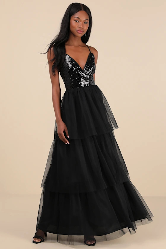 Maydon Black Tulle Sequin Tiered Maxi Dress | Lulus