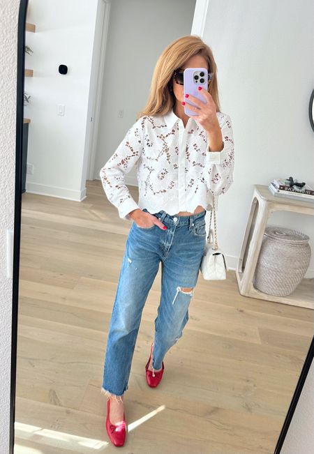 Today's on the go white eyelet (or cutout) cropped button down, boyfriend comfy jeans and red ballet flats. Wearing xs in the top. Normal denim and show size

#LTKshoecrush #LTKsalealert