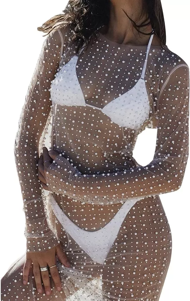 Women's Beach Bikini Cover Up Dresses Bathing Suit Fish Net Pearl  Rhinestone Mesh See Through Swimsuit Beachwear