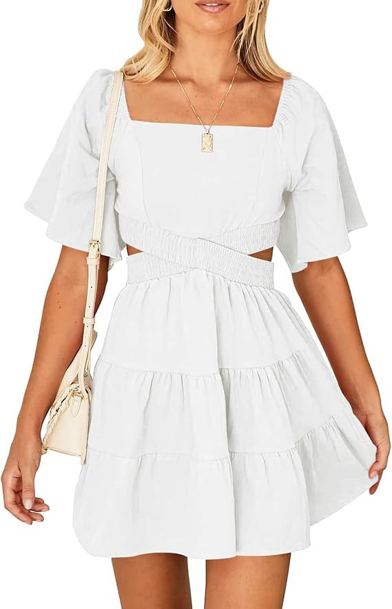 Wimsihal Women's Summer Dresses Square Neck Casual Short Sleeves Elastic Waist Party Mini Dress | Amazon (US)