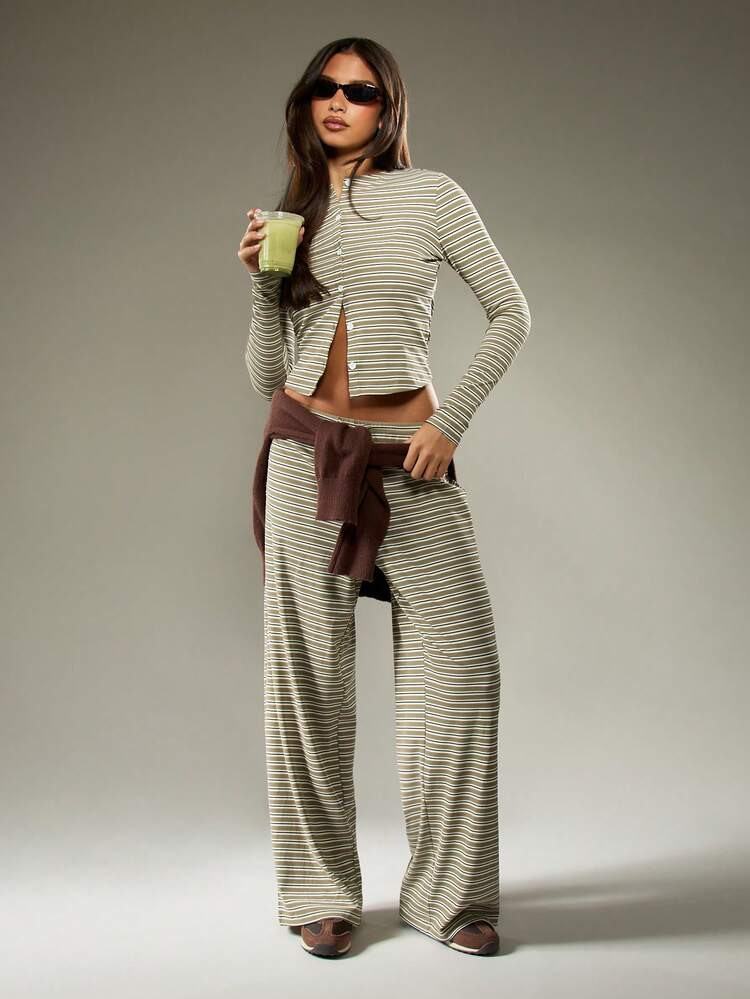 MISSGUIDED Sophisticated Striped Co-Ord Set Long Sleeve Button Front Crop Top Wide Leg Palazzo Pants Set Fall Winter Casual Loungewear Outfit | SHEIN