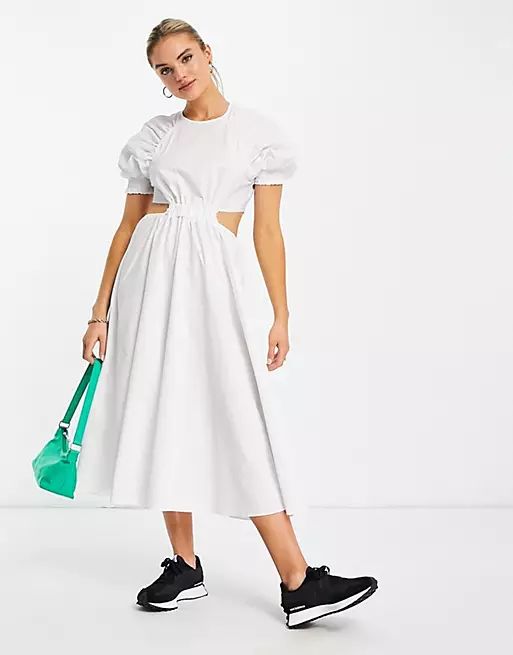 ASOS DESIGN raglan sleeve cutout midi dress in cotton poplin in white | ASOS (Global)