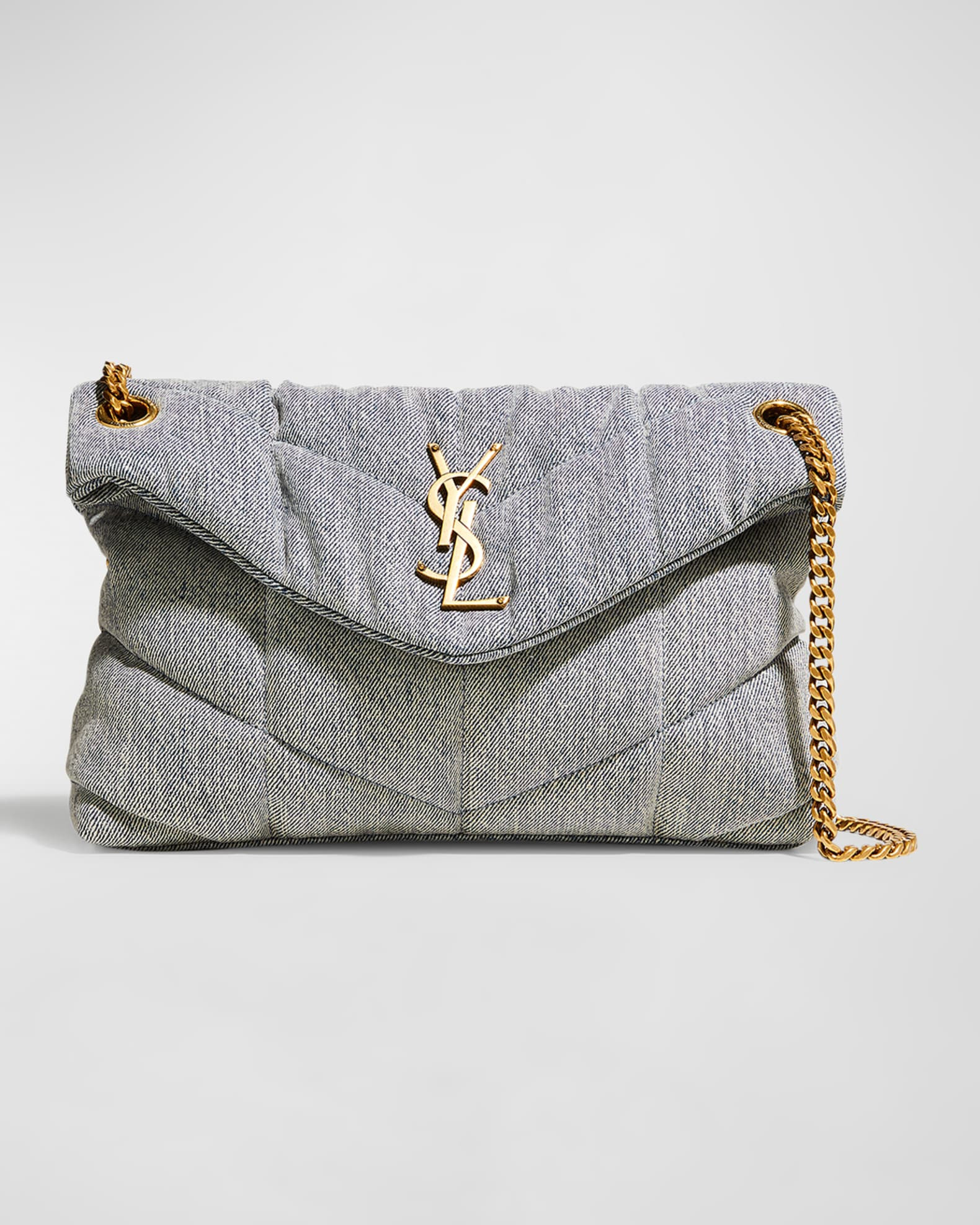 Puffer Small Quilt Denim Shoulder Bag | Neiman Marcus