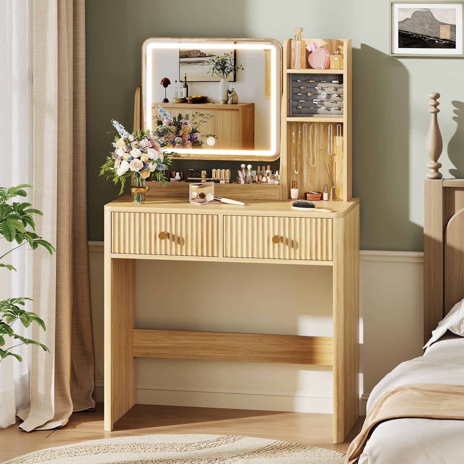 Fluted Vanity Desk with Mirror and Lights, Small Makeup Vanity with 2 Drawers and Jewelry Storage... | Amazon (US)