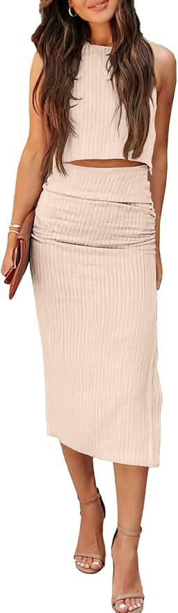 PRETTYGARDEN Women's 2 Piece Summer Outfits Crewneck Tank Tops Split Bodycon Midi Skirt Dress Set | Amazon (US)