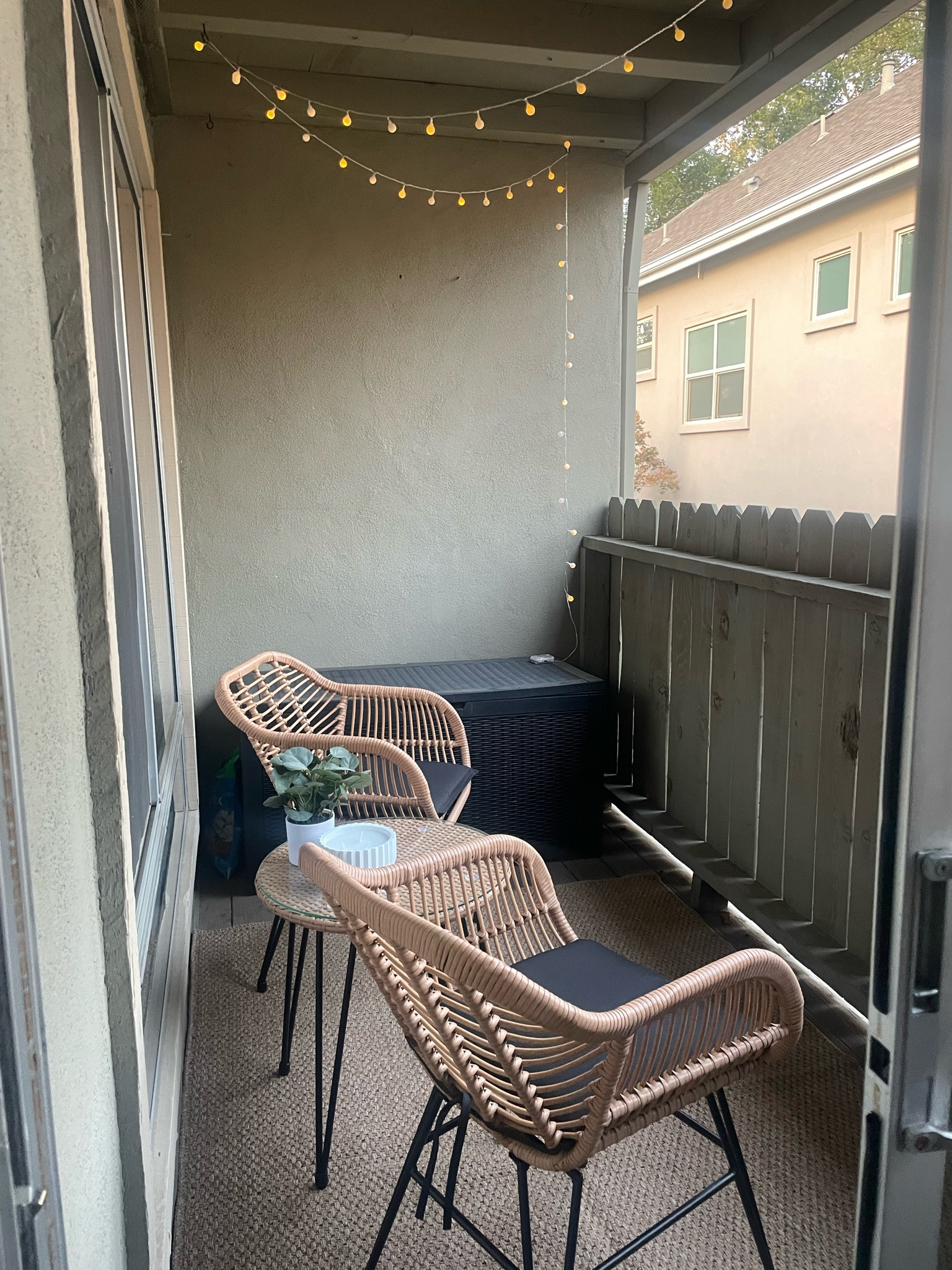 Transforming my tiny apartment patio into my little safe haven! This rug, patio set, lights and storage system have helped make it look SO much cuter (even though there’s more I want to do with it 🤭) ✨🧚‍♂️

#LTKHome #LTKSeasonal #LTKSaleAlert