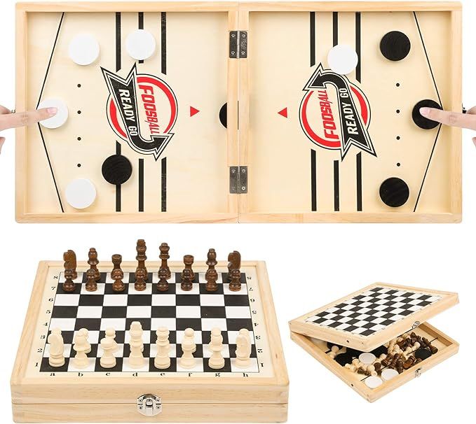 23.6 x 11.8 in Foldable Fast Sling Puck Game & Chess 2 in 1 Set, Wooden Hockey Game, Slingshot Bo... | Amazon (US)