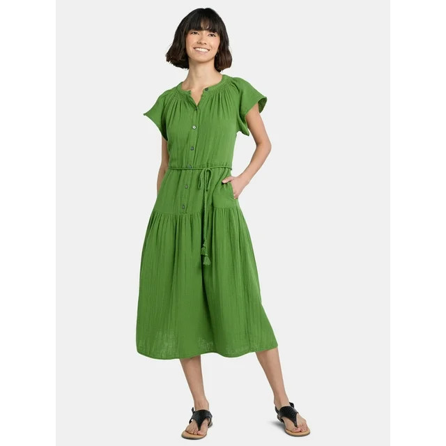 Time and Tru Women's Double Cloth Cotton Midi Dress, Sizes XS-XXXL | Walmart (US)