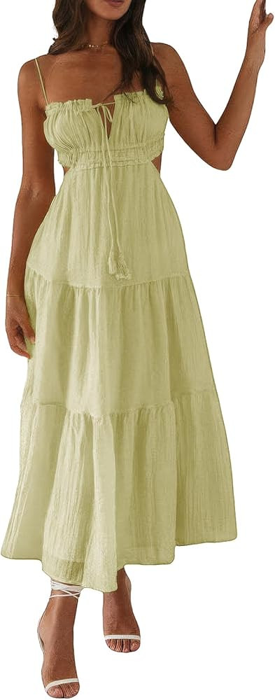 ebossy Women's Cut Out Ruffled Long Boho Dress Sexy Spaghetti Straps Open Back Flowy Sundress | Amazon (US)