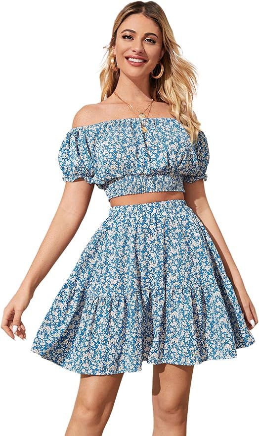 Floerns Women's Summer Square Neck Flounce Sleeve Crop Top with Mini Skirt Set | Amazon (US)