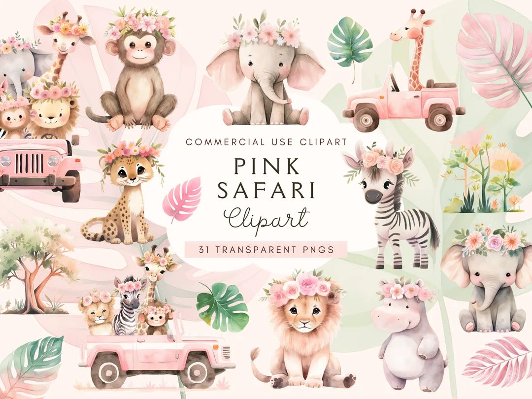 Pink Safari Animals Clipart Baby Girl Clipart Png Safari Nursery Decor Safari Png Baby Elephant L... | Etsy (US)