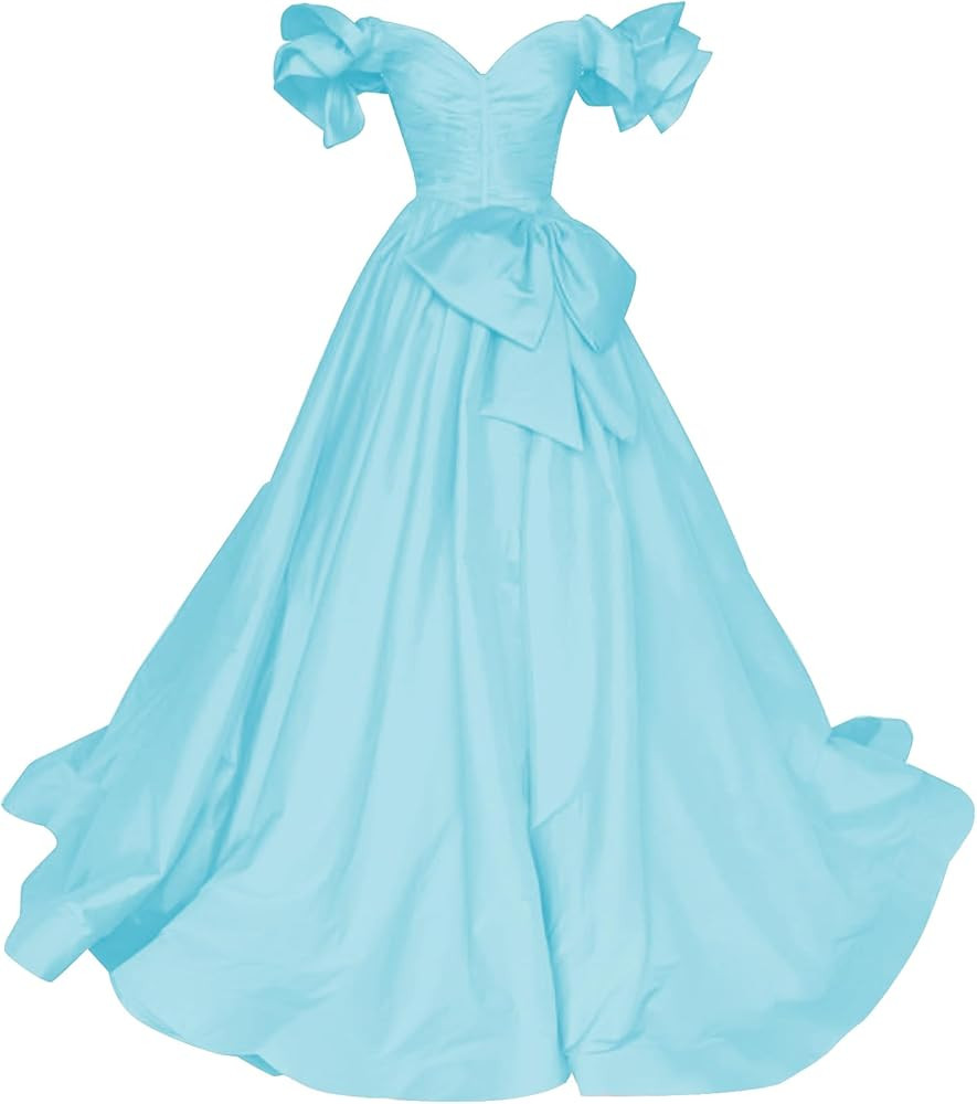 Satin Prom Dresses with Bow Off Shoulder Ruffle Long Ball Gown for Women | Amazon (US)