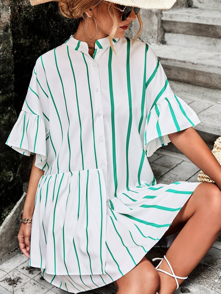 Striped Flounce Sleeve Ruffle Hem Smock Dress | SHEIN