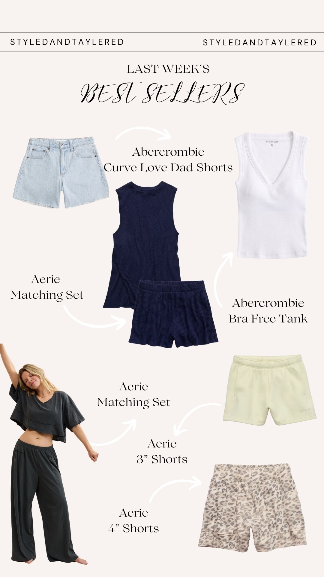 ✨ Last week’s best sellers are HERE 👏 These are the pieces you all loved most - comfy, flattering, mom-friendly, and easy to wear all summer long. From the Abercrombie Curve Love Dad Shorts to the viral Aerie sets and my favorite bra-free tank, these are the items I keep reaching for on repeat.

If you’ve had your eye on any of these, now’s the time to grab them before sizes start selling out! 🛍️

#LTK #LTKFinds #Bestsellers #SummerStyle #AffordableFashion

Abercrombie Curve Love Dad Shorts, Abercrombie bra free tank, Aerie matching set, Aerie lounge set, Aerie shorts, summer outfit ideas, midsize fashion, size 14 style, tall girl fashion, 5’11 fashion, curvy style inspiration, mom friendly outfits, casual summer outfits, comfy summer clothes, everyday outfit ideas, affordable fashion finds, summer wardrobe essentials, lounge sets for women, Abercrombie summer outfits, Aerie summer collection, best selling fashion finds, women’s summer fashion, tall friendly clothing, curve love denim shorts, trendy summer outfits 2026, capsule wardrobe essentials, casual chic style, weekend outfit inspiration, comfortable everyday fashion, styledandtaylered finds 🫶

#LTKSaleAlert #LTKTall #LTKMidsize
