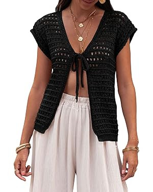 Saodimallsu Womens Tie Crochet Shrug Short Sleeve Open Front Lightweight Knit Cropped Cardigan Sw... | Amazon (US)