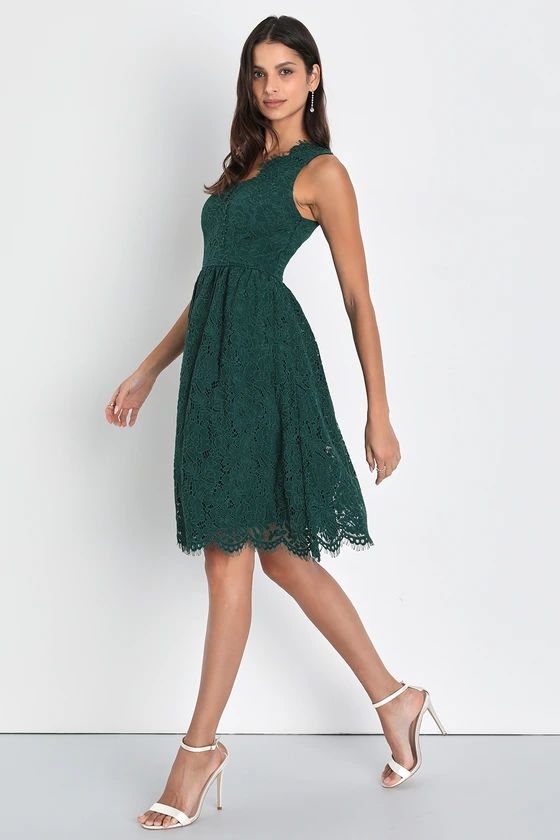 Love Swept Emerald Green Lace Midi Skater Dress With Pockets | Lulus