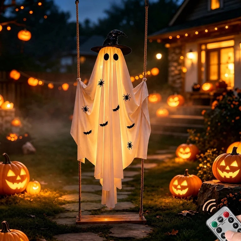 Halloween Ghost Decorations Outdoor, 4.9FT Hanging Swing Ghost with Witch Hat LED Lights & Remote... | Walmart (US)
