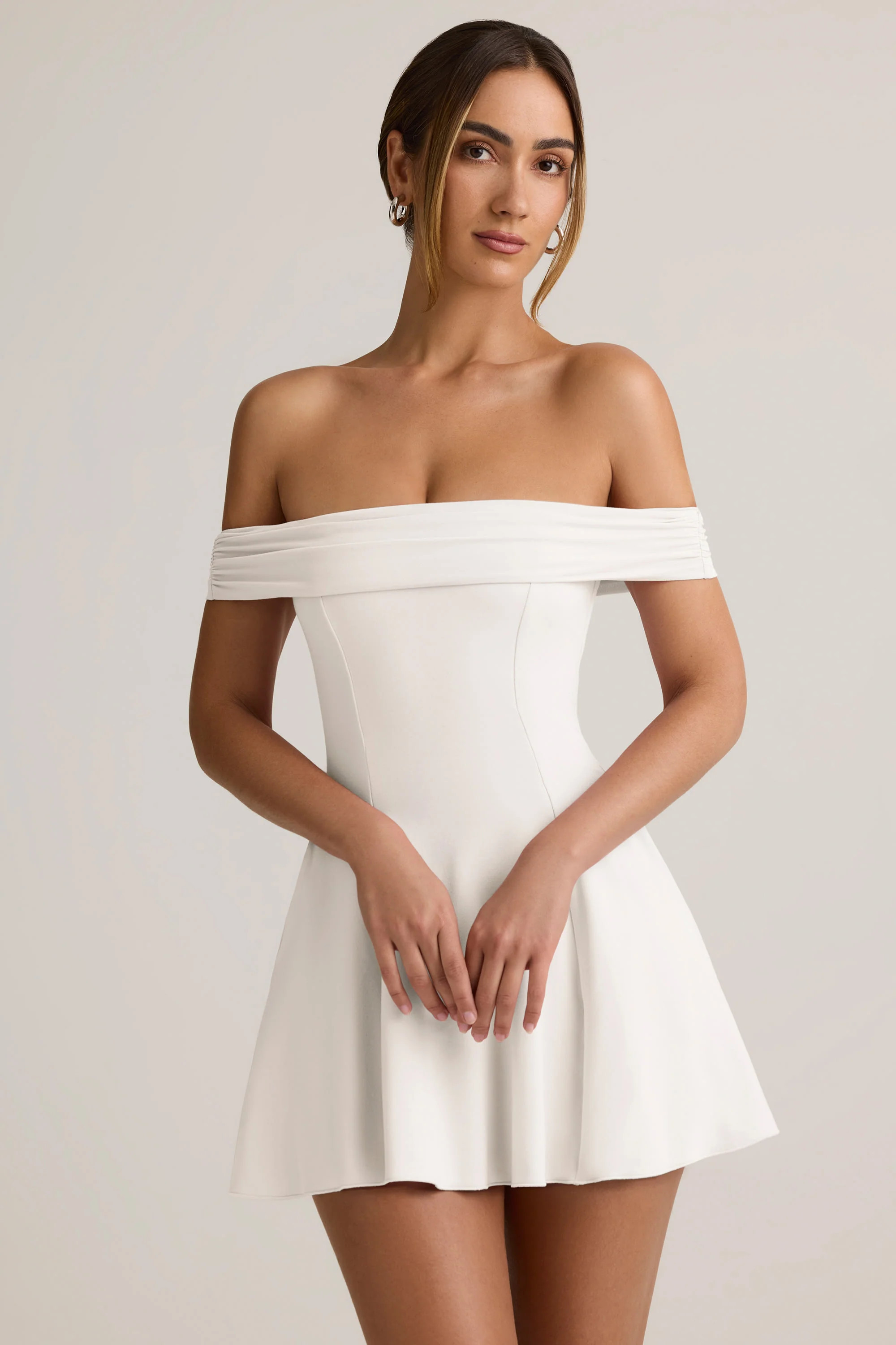 Modal Off-Shoulder A-Line Mini Dress in White | Oh Polly