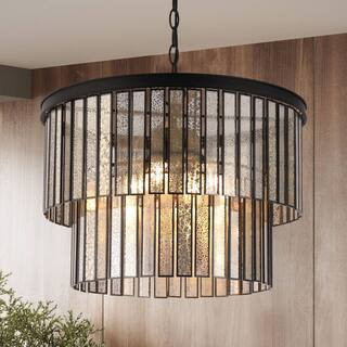 LNC Modern 4-Light Black Drum Chandelier with 2-Tier Mercury Glass Shade Dining Kitchen Room Livi... | The Home Depot