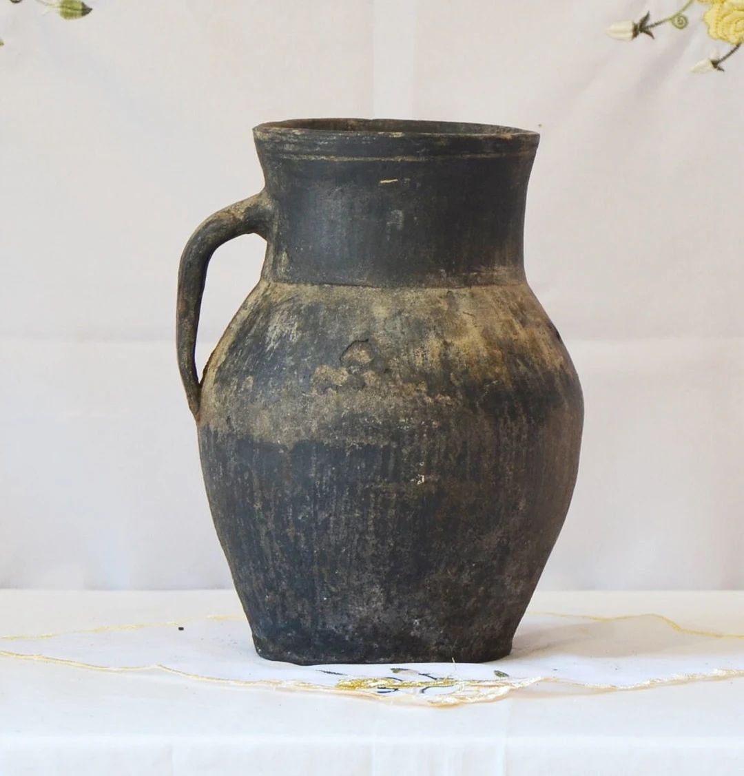 Tall black ceramic vase. Old antique pitcher. Wabi sabi pottery black clay vessel | Etsy (US)