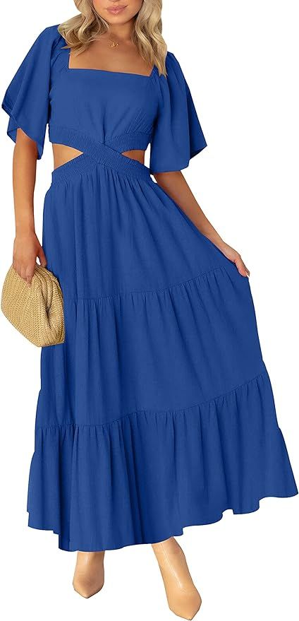 LEANI Women's 2024 Summer Cutout Maxi Dress Square Neck Short Sleeve Crossover Waist Casual Party... | Amazon (US)