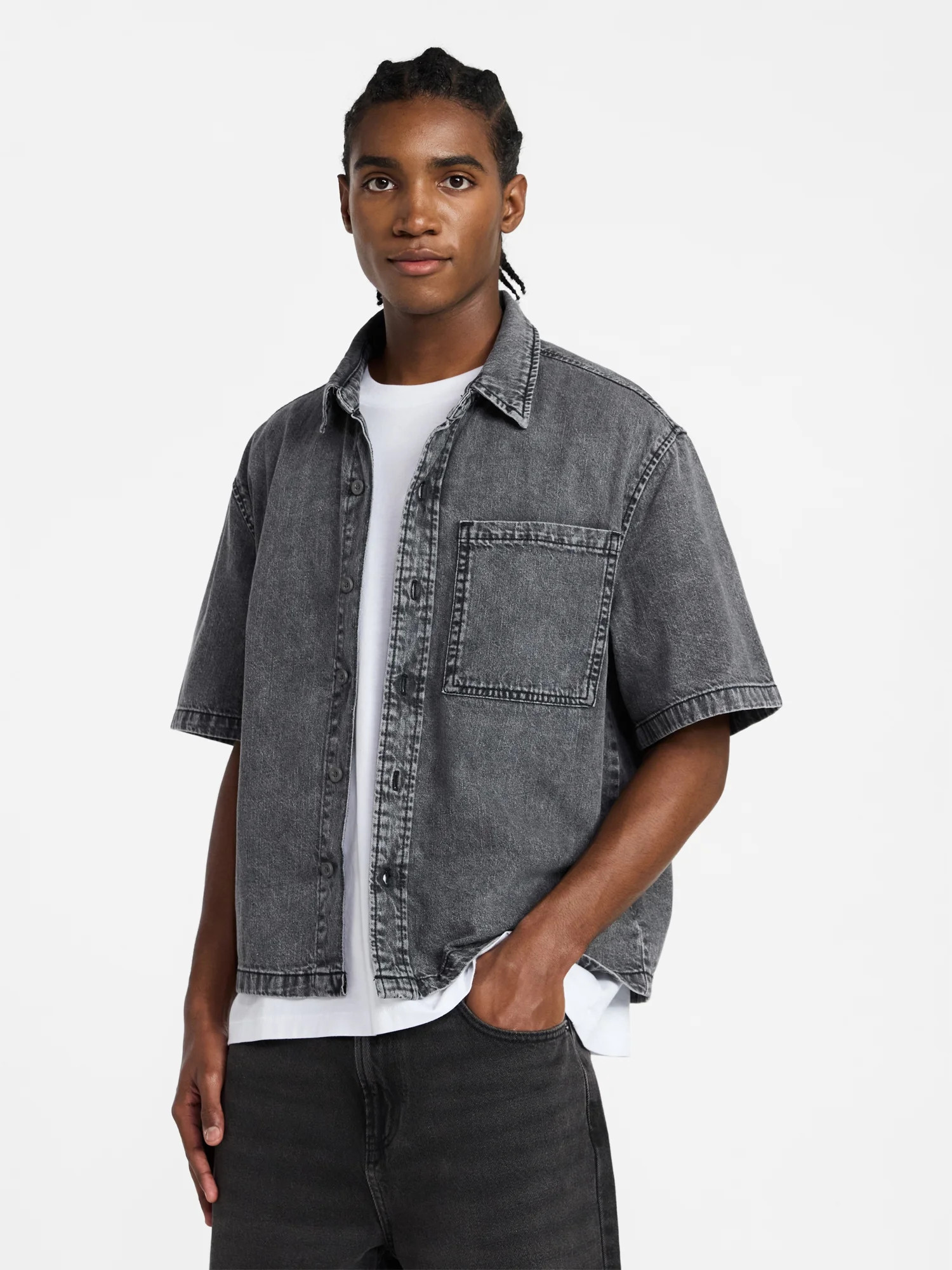 No Boundaries Denim Boxy Fit Shirt with Short Sleeves, Men's XS-4XLT | Walmart (US)