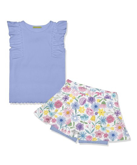 Millie Loves Lily Periwinkle Ribbed Angel-Sleeve Top & White Angel Floral Skort - Infant, Toddler... | Zulily