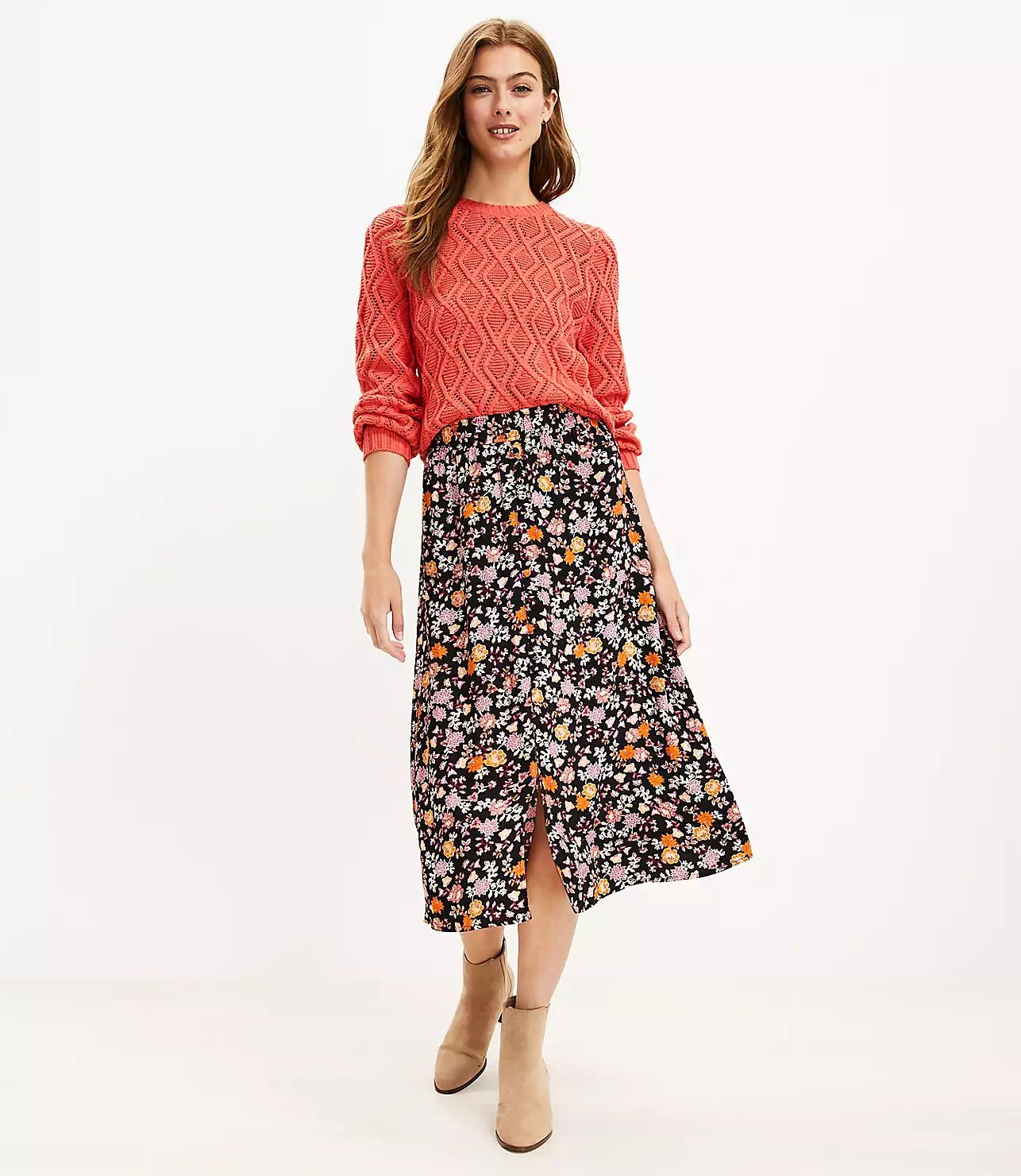 Floral Button Pull On Midi Skirt | LOFT