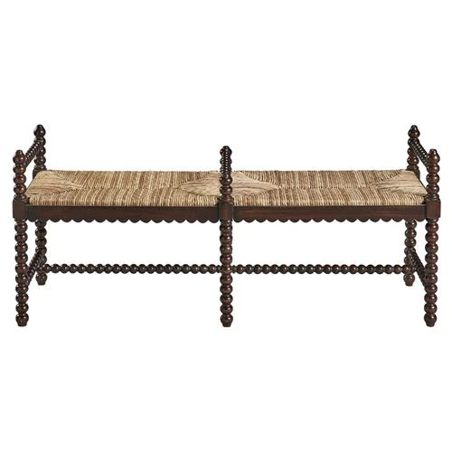 Meilani Coastal Brown Woven Seat Black Mahogany Wood Frame Long Entryway Bench | Kathy Kuo Home