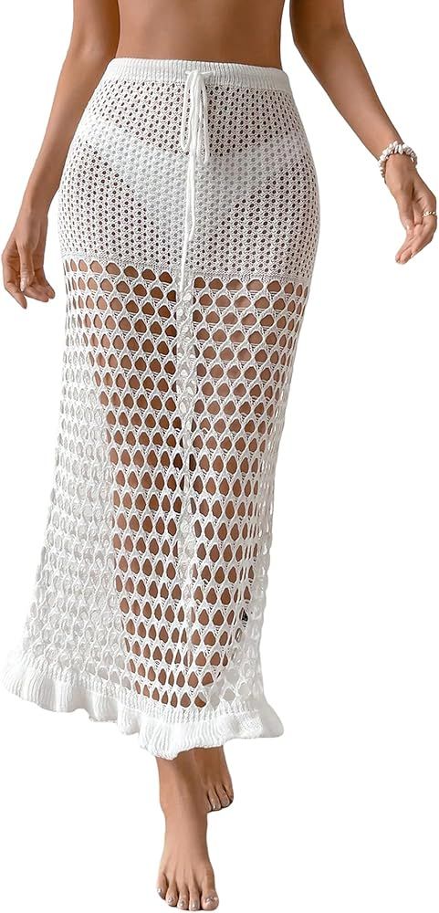 Verdusa Women's Hollow Out Crochet Sheer Drawstring Waist Cover Up Beach Skirt | Amazon (US)