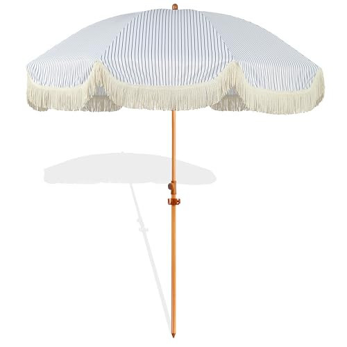 Seazul 7.5ft Patio Umbrella with Fringe, Beach Umbrella, Fringe Umbrella Outdoor Patio with Hanging Hook, Tilting Aluminum Pole, UV 50+, Fiberglass Ribs, Blue White Stripe | Amazon (US)