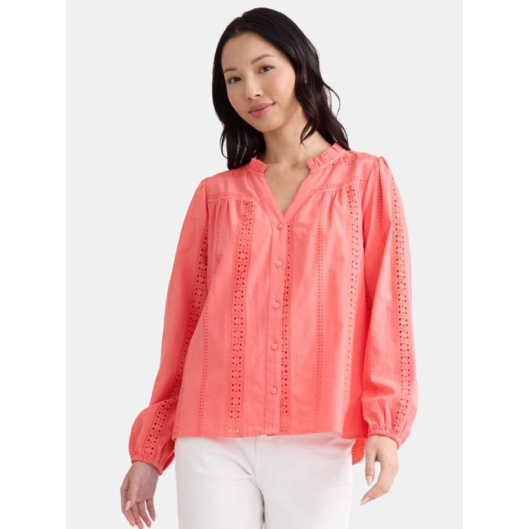 Time and Tru Women's Eyelet Embroidered Peasant Blouse, Sizes XS-XXXL | Walmart (US)