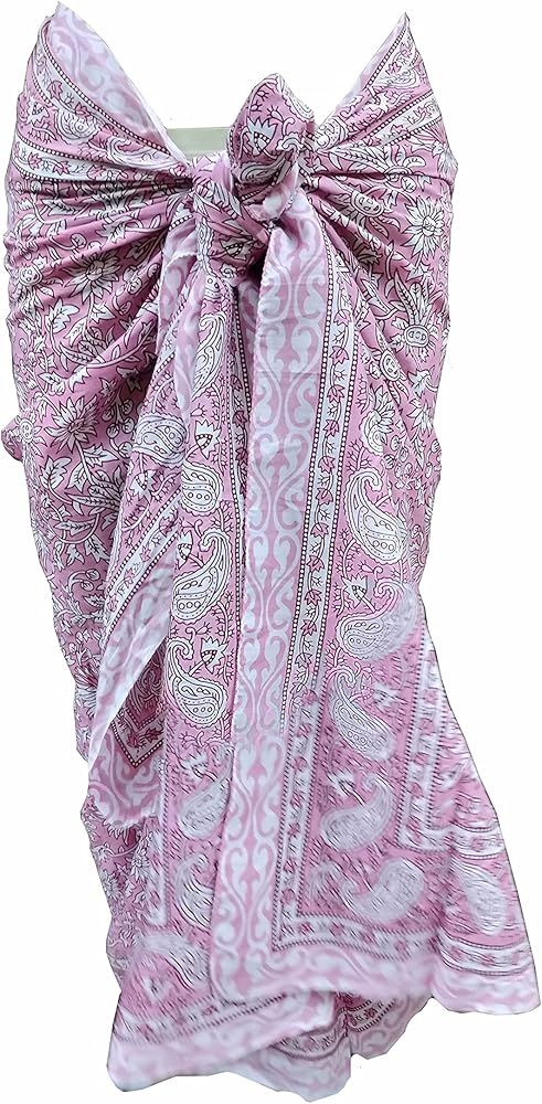 FIKIMOS Cotton Sarong Hand Block Print Womens Swimsuit Wrap Cover Up Long (73" x 44") Pink-2 | Amazon (US)