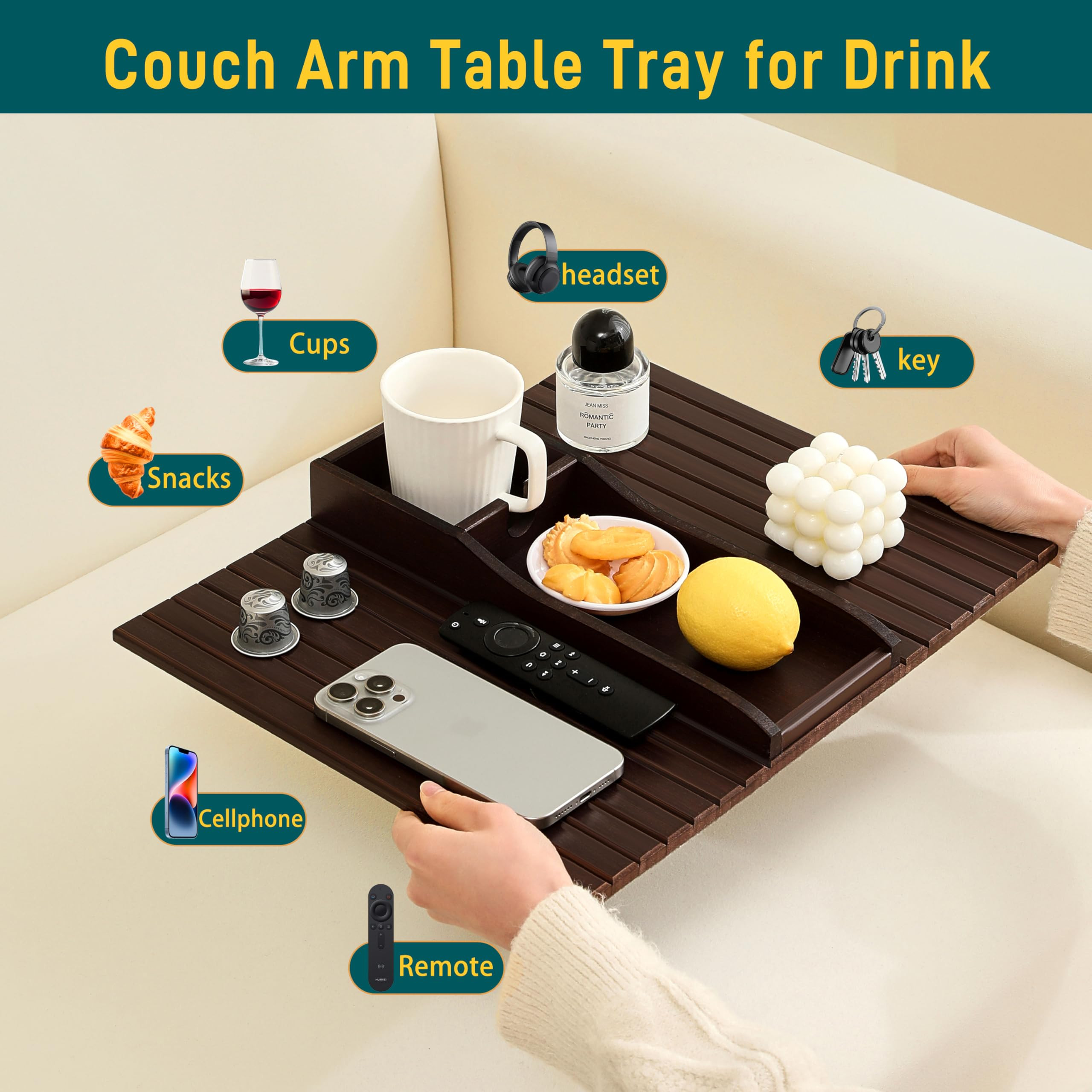 HNLISA Bamboo Couch Cup Holder Arm Tray Table，Couch Drink Holder，Sofa Cup Holder Armrest Tray... | Amazon (US)