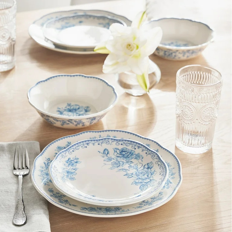 The Pioneer Woman Agatha 12-Piece Stoneware Dinnerware Set, Blue | Walmart (US)