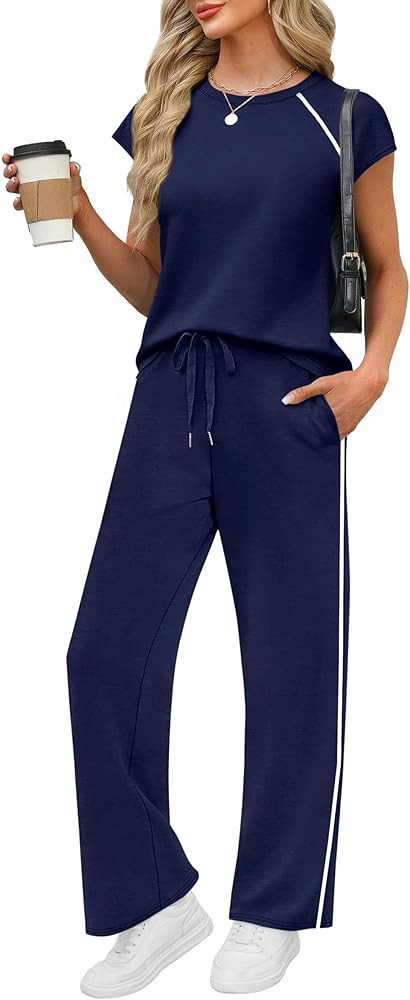 PRETTYGARDEN Women's 2 Piece Lounge Sets 2026 Summer Cap Sleeve Tops Wide Leg Pants Travel Outfit... | Amazon (US)